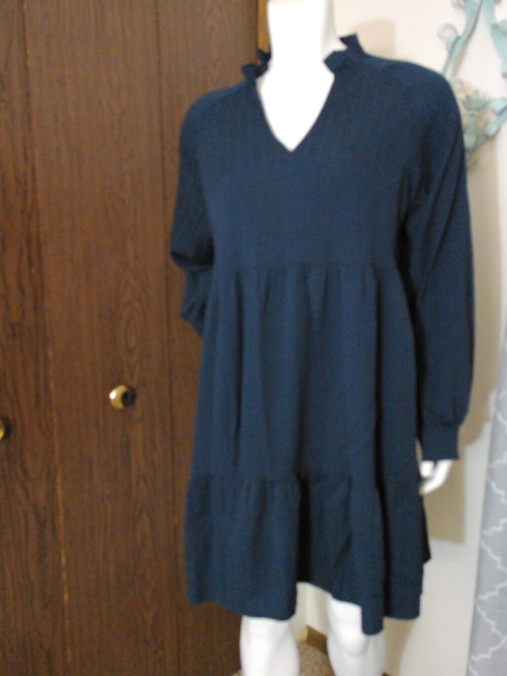 Navy Blue Tiered Ruffle V-Neck Tunic Dress - Long Sleeve Babydoll Mini